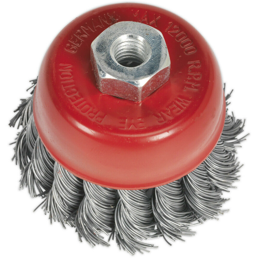 65mm Twisted Knot Wire Cup Brush Wheel - Steel Filaments - M10 x 1.25mm Thread