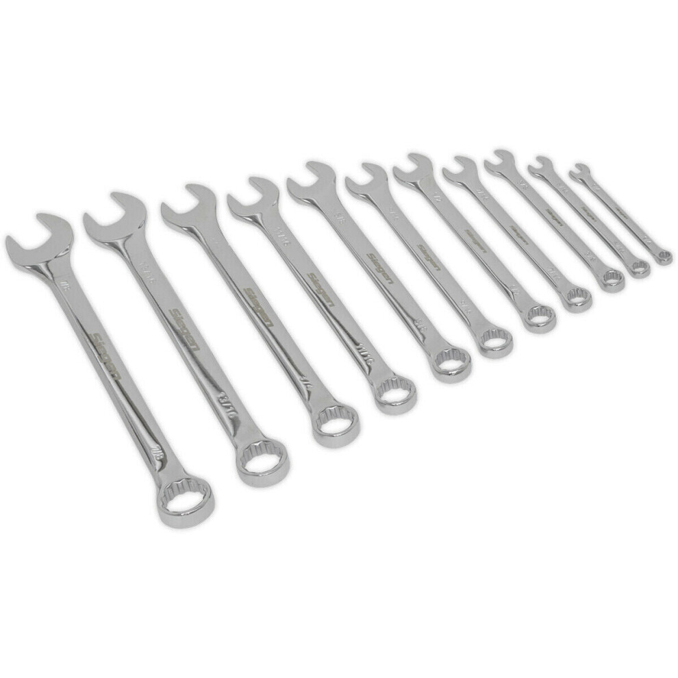 Loops 11Pc Slim Handled Combination Spanner Set - 12 Point Imperial Ring Open End Head