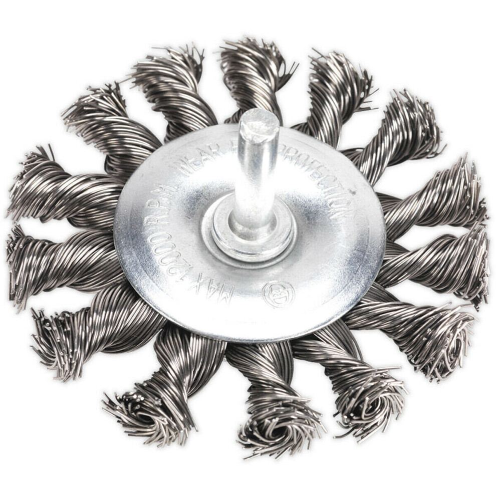 75mm Twisted Knot Flat Wire Brush Wheel - Stainless Steel - 6mm Shaft Diameter