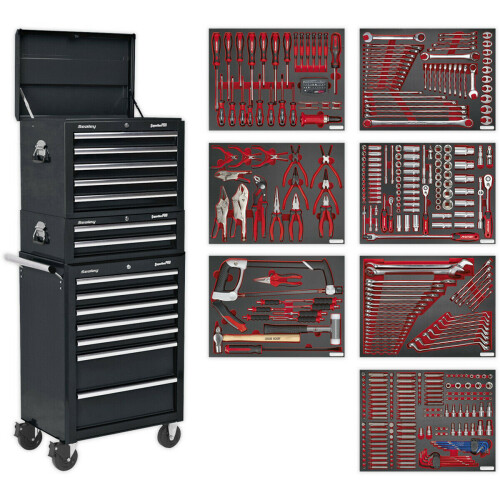Loops 14 Drawer Topchest Mid Box & Rollcab Bundle with 446 Piece Tool Kit - Black