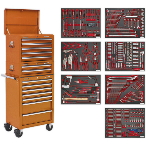 Loops 14 Drawer Topchest Mid Box & Rollcab Bundle with 446 Piece Tool Kit - Orange