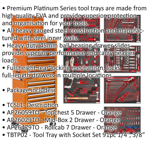 Loops 14 Drawer Topchest Mid Box & Rollcab Bundle with 446 Piece Tool Kit - Orange 1