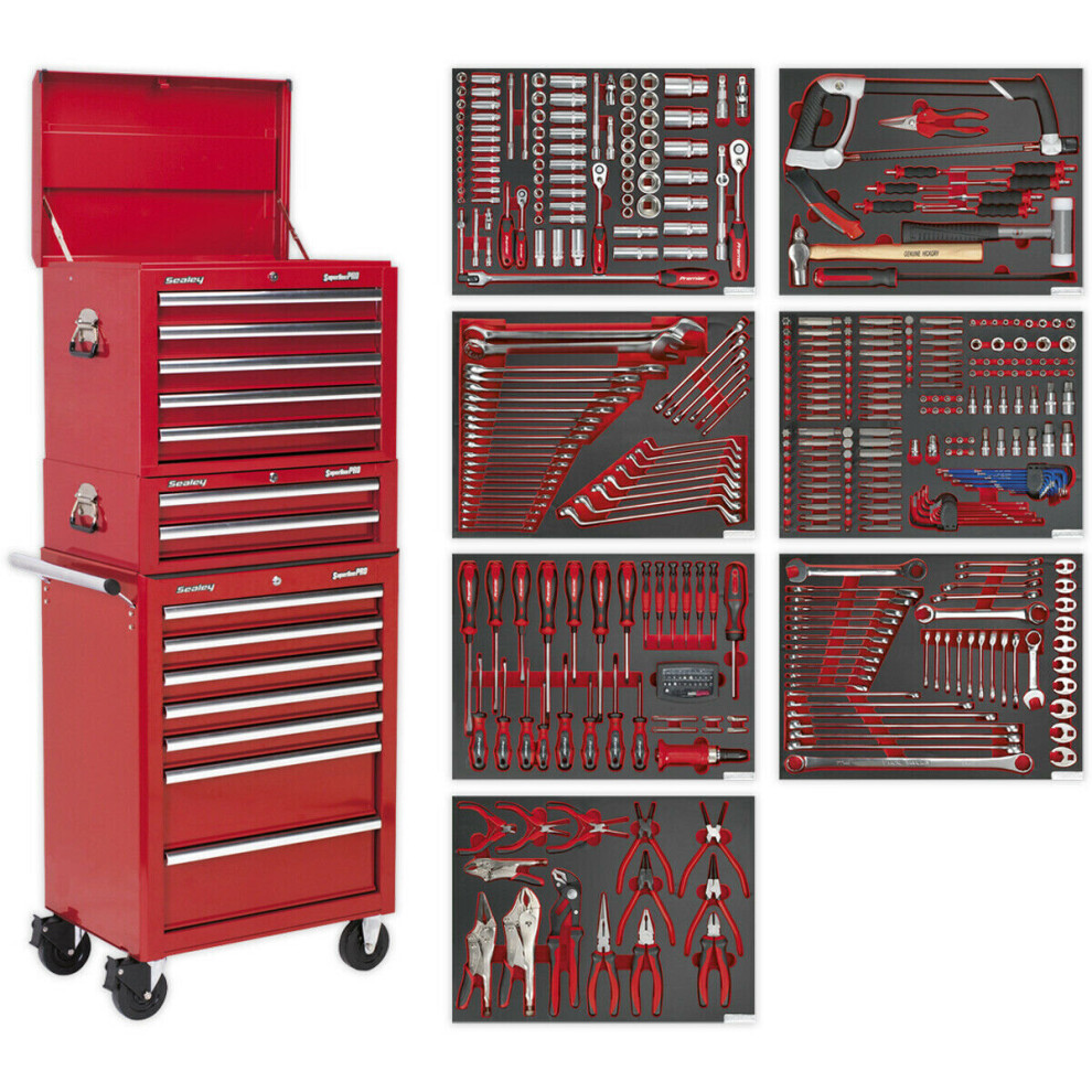 14 Drawer Topchest Mid Box & Rollcab Bundle With 446 Piece Tool Kit - Red 5056581932792