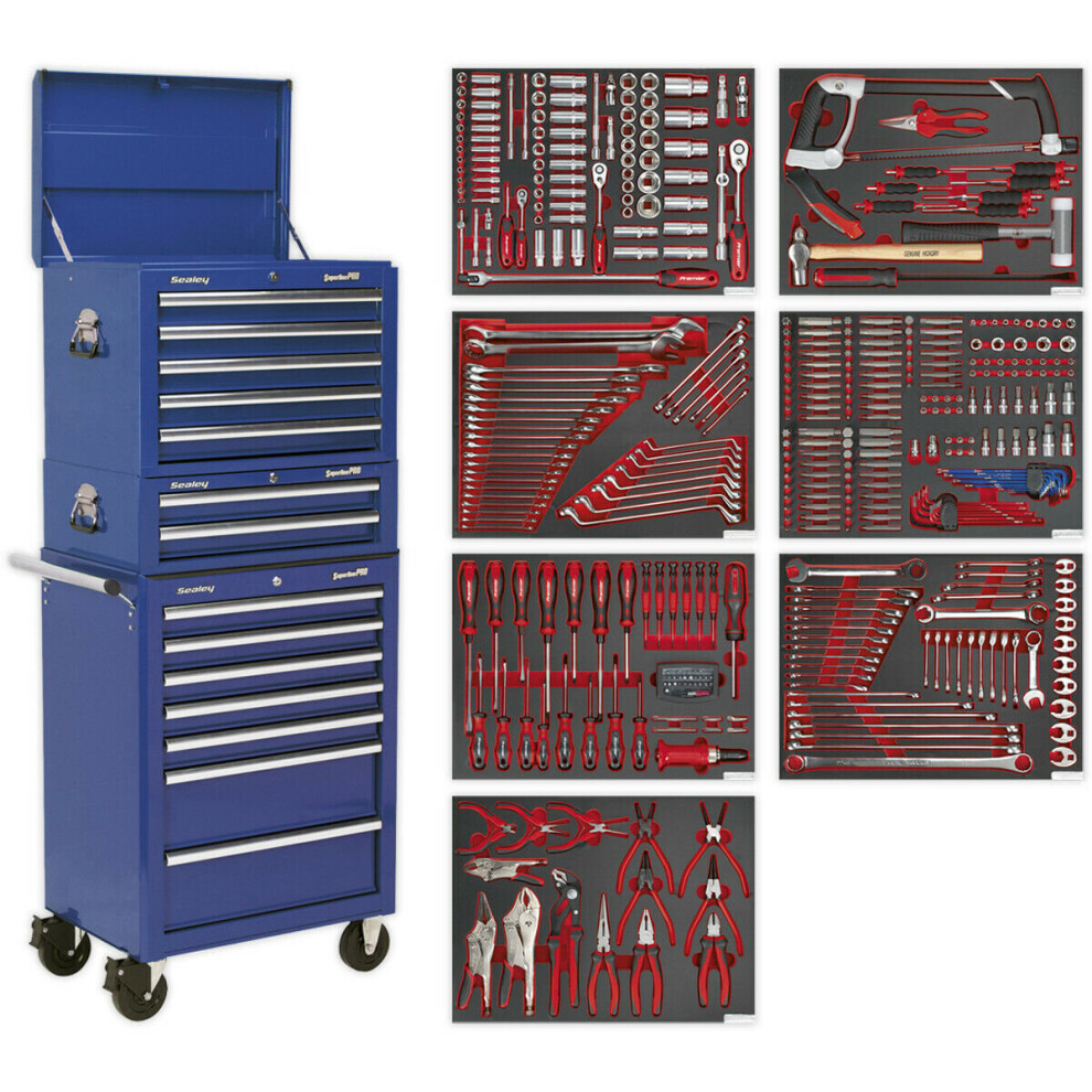 Loops 14 Drawer Topchest Mid Box & Rollcab Bundle With 446 Piece Tool Kit - Blue