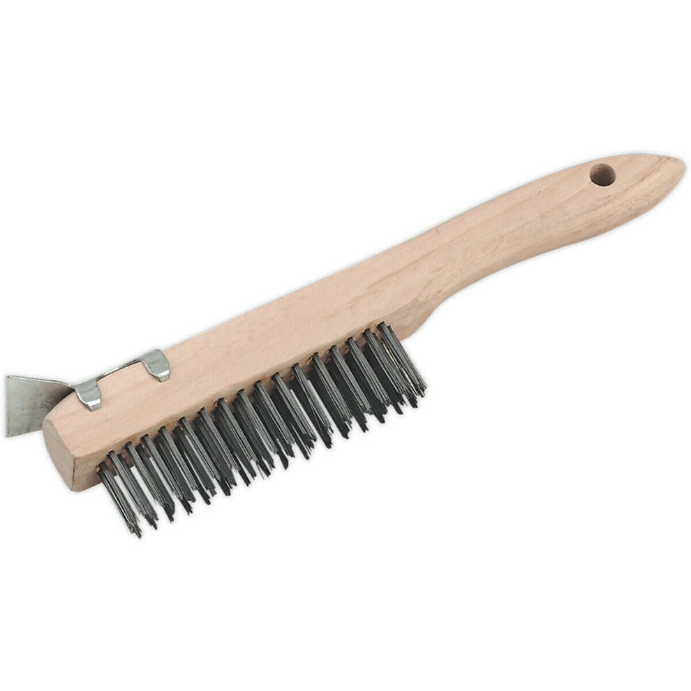 260Mm Engineers Wooden Wire Brush With Scraper - Steel Fill - Rust Removal 5056581946713
