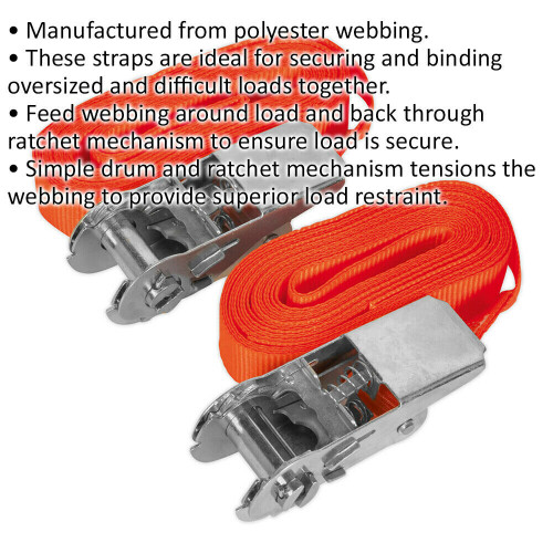 Loops PAIR 25mm x 4.5m 500KG Self Securing Ratchet Tie Down Strap Set - Polyester Web 1