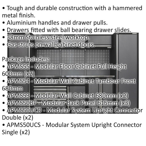 Loops Garage Storage System Unit - 3240 x 460 x 2000mm - 38mm Stainless Steel Worktop 1