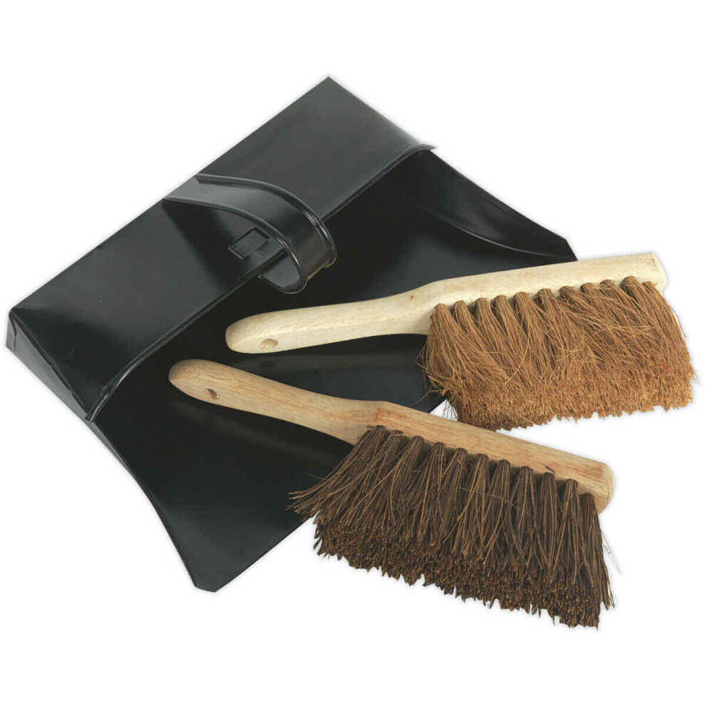 Metal Dustpan & Brushes Set - 2 Brushes - Hard and Soft Bristles - Carry Handle