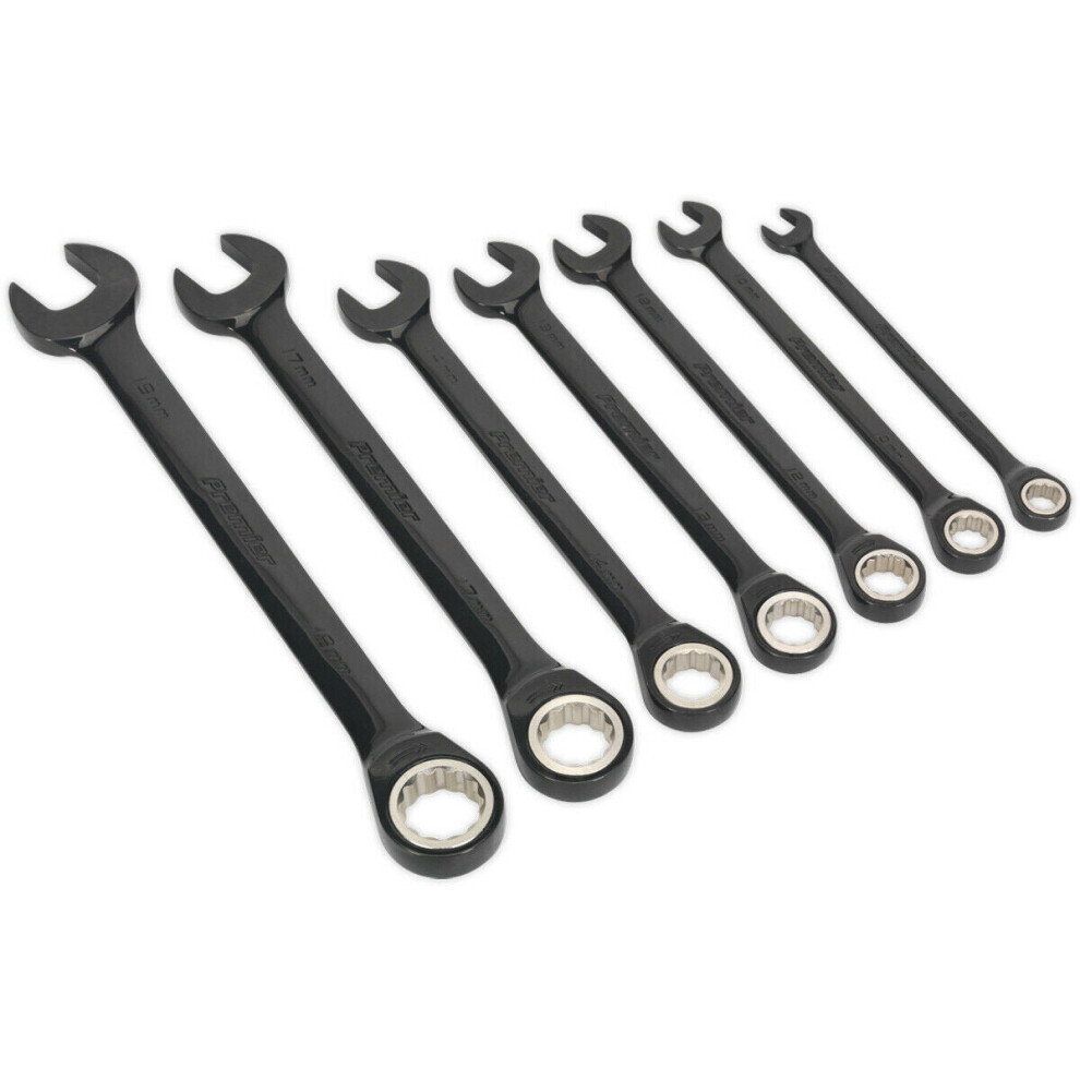 7Pc Premium Combination Ratchet Spanner Set 12 Point Metric Socket Black Series 5056524252741