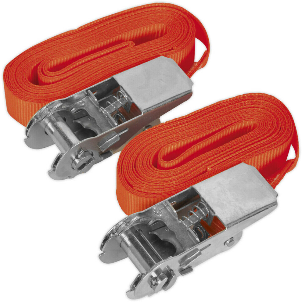 PAIR 25mm x 4.5m 500KG Self Securing Ratchet Tie Down Strap Set - Polyester Web