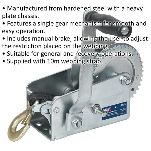 Loops Geared Hand Winch with Webbing - 900kg Capacity - Manual Break - Hardened Steel 1