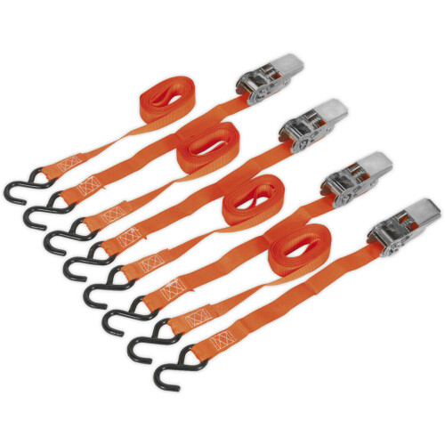 Loops 2 PAIR - 25mm x 4m 500KG Ratchet Tie Down Straps Set - Polyester Webbing S-Hook