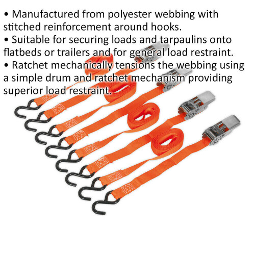 Loops 2 PAIR - 25mm x 4m 500KG Ratchet Tie Down Straps Set - Polyester Webbing S-Hook 1