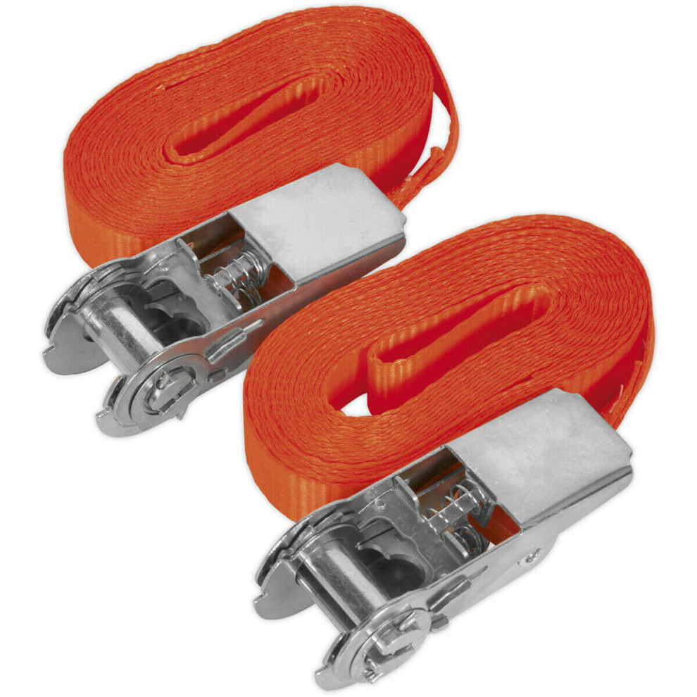 PAIR 25mm x 4.5m 800KG Self Securing Ratchet Tie Down Strap Set - Polyester Web