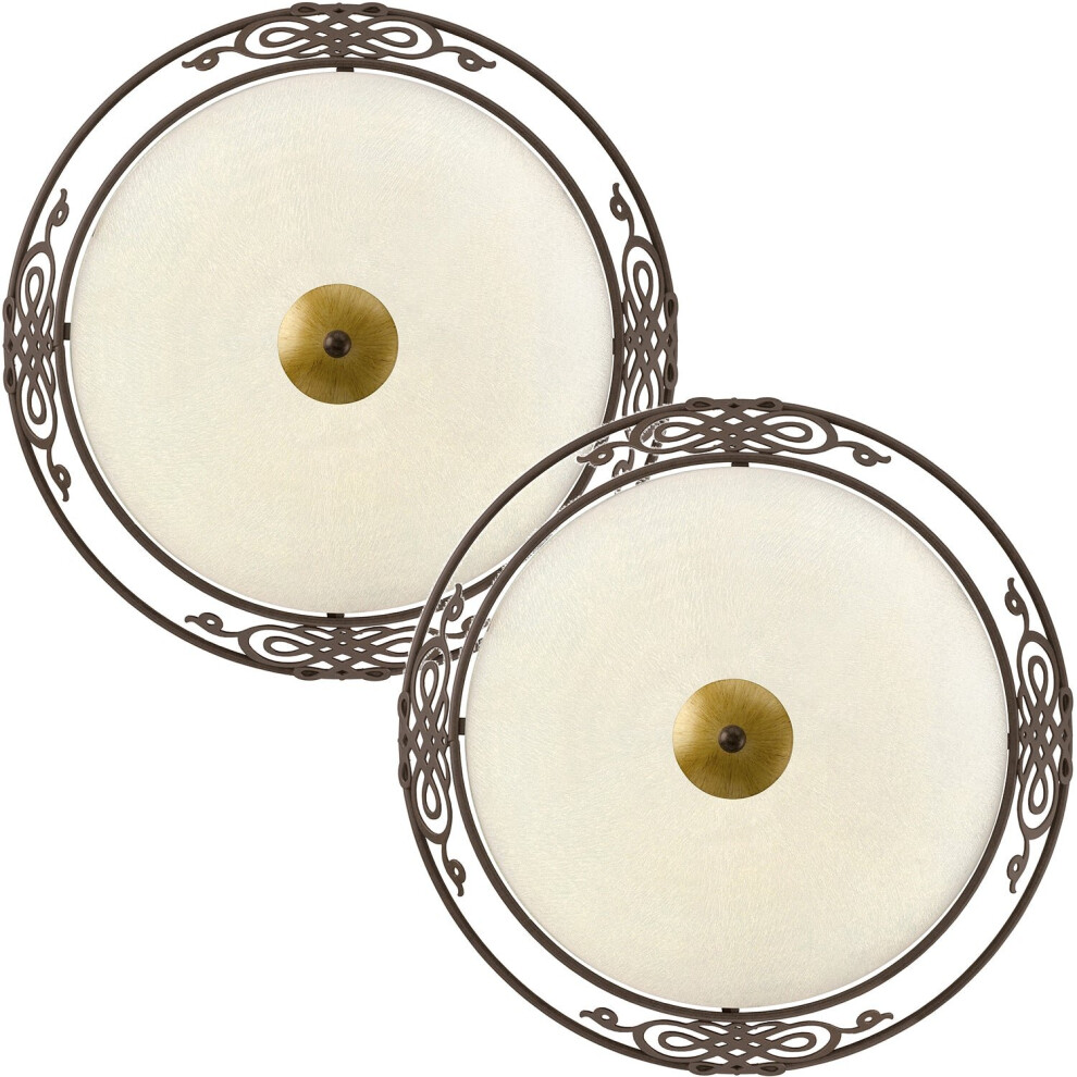 Loops 2 Pack Wall Flush Ceiling Light Antique Brown Gold Shade Beige Glass E27 2X60w