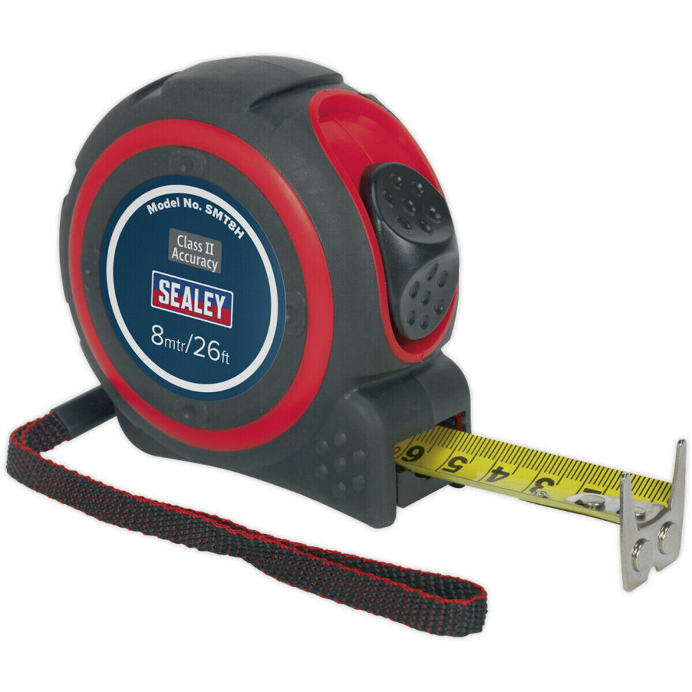 8m Heavy Duty Tape Measure - Rubberised ABS Body - Double Edged End Hook