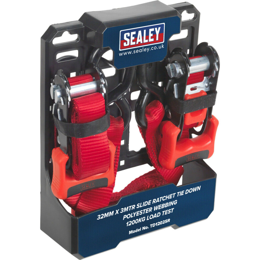 PAIR 32mm x 3m 1200KG Slide Ratchet Tie Down Strap Set - Polyester Web & S-Hooks