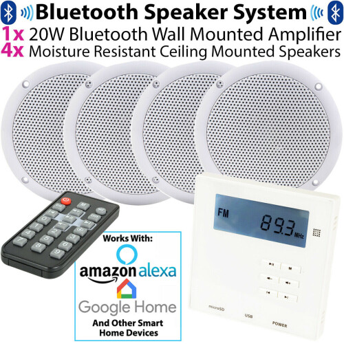 Loops Wall Mounted Micro Bluetooth Amplifier & 4 Ceiling Speaker Kit Stereo HiFi Music 1