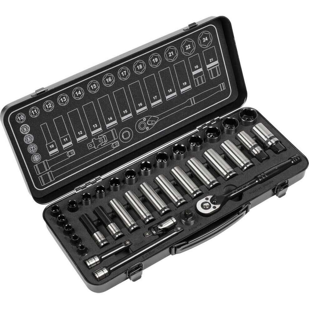 34Pc Black Series Deep Socket & Ratchet Handle Set -3/8" Sq Drive 6 Point Metric