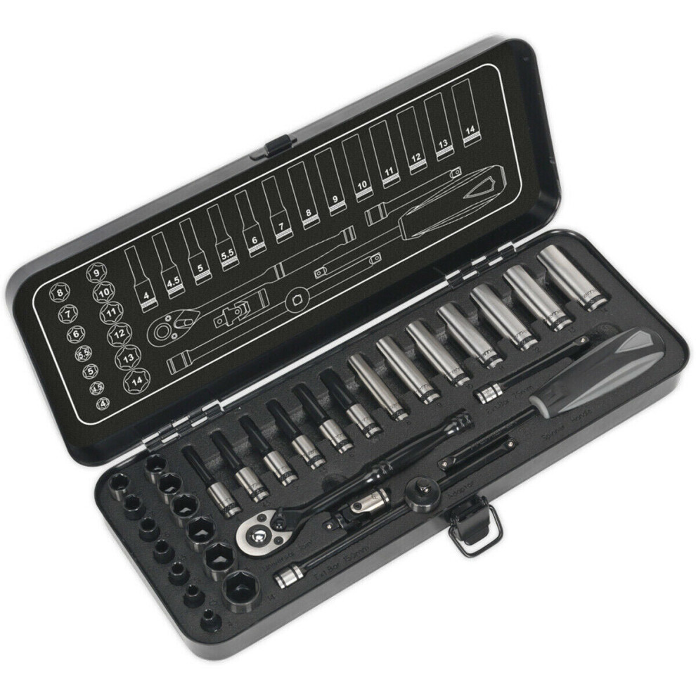 32Pc Black Series Deep Socket & Ratchet Handle Set -1/4" Sq Drive 6 Point Metric 5056524252703