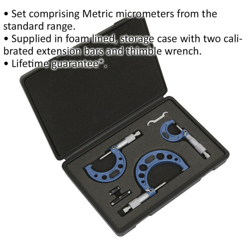 Loops 3 Piece Metric Micrometer Set - Lined Storage Case - Calibrated Extension Bars 1