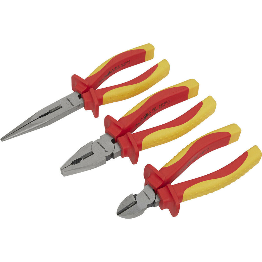 3 Piece Pliers Set - Hardened Cutting Edges - Soft Grip Handles - VDE Approved