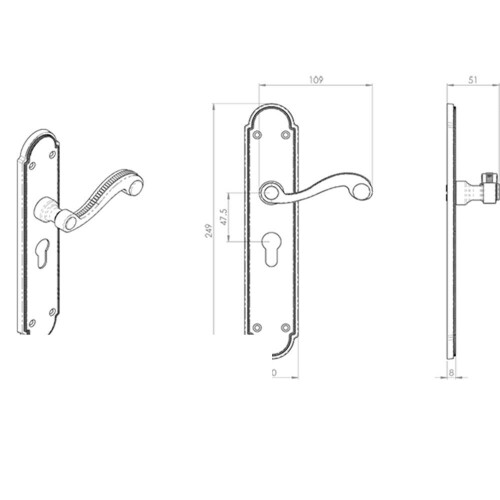 Loops 2x PAIR Beaded Pattern Handle on Euro Lock Backplate 249 x 50mm Polished Brass 2