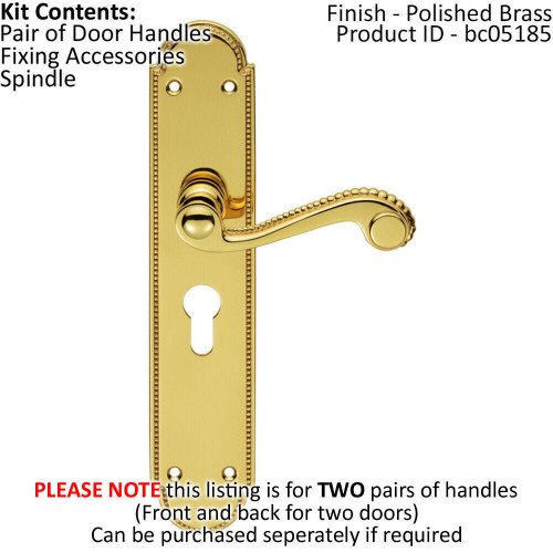 Loops 2x PAIR Beaded Pattern Handle on Euro Lock Backplate 249 x 50mm Polished Brass 1