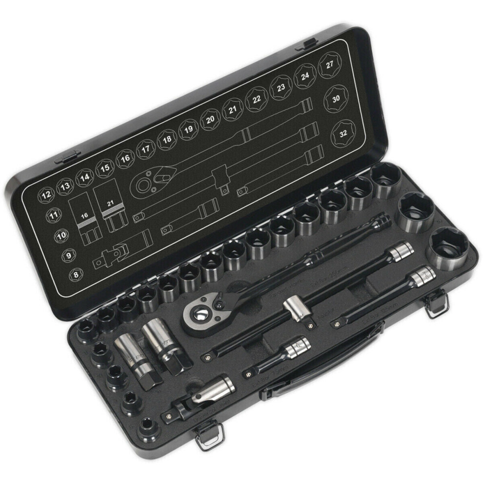 Loops 28Pc Black Series Deep Socket & Ratchet Handle Set -1/2" Sq Drive 6 Point Metric
