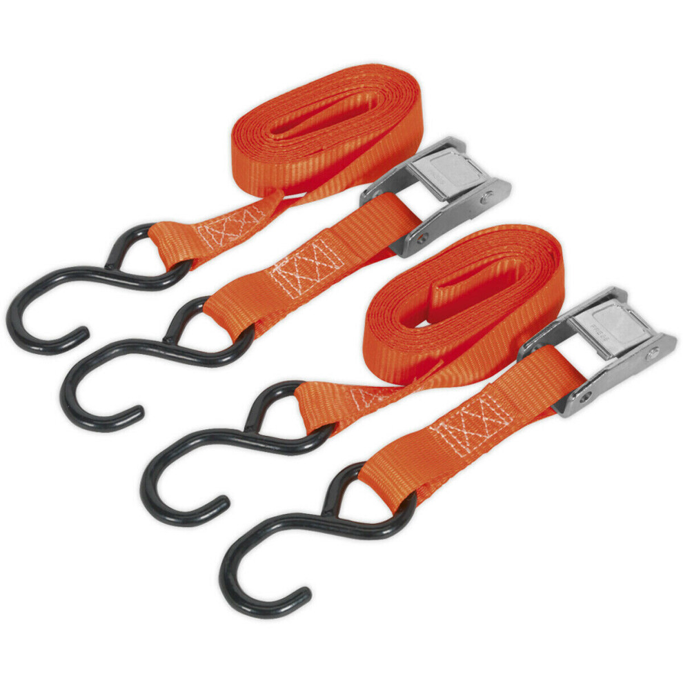 25mm x 2.5m 250KG Cam Buckle Tie Down Set - Outdoor Polyester Webbing & S-Hooks