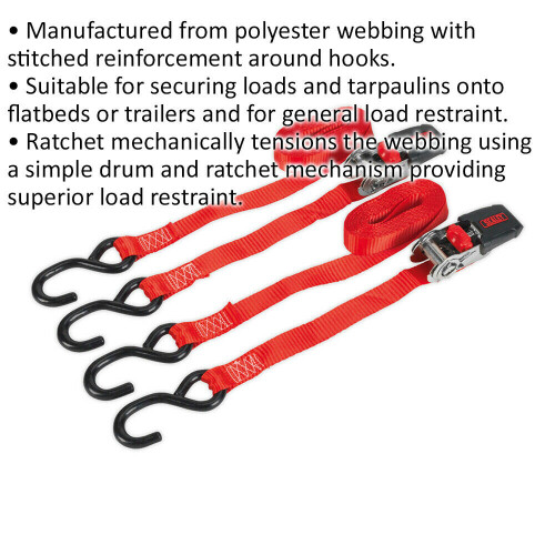 Loops PAIR 25mm x 4m 800KG Slide Ratchet Tie Down Strap Set - Polyester Web & S-Hooks 1