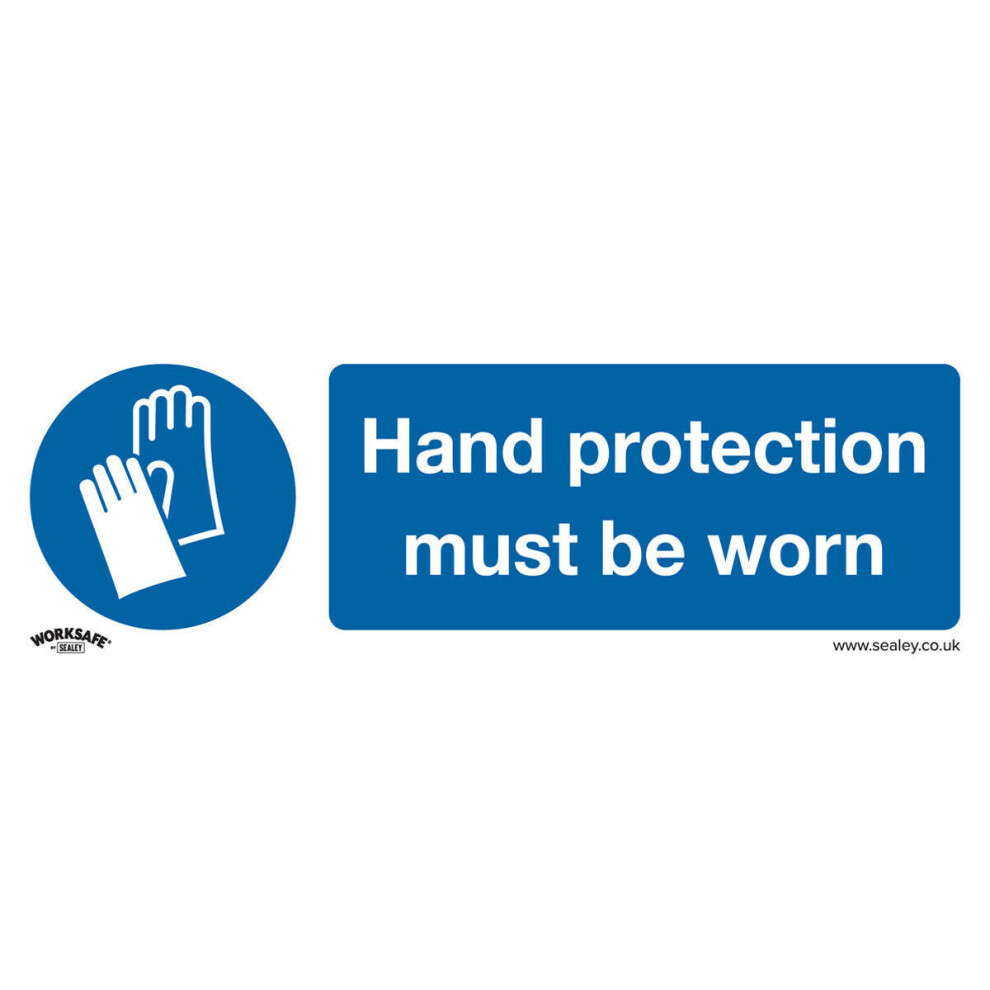 1x HAND PROTECTION MUST BE WORN Safety Sign - Self Adhesive 300 x 100mm Sticker