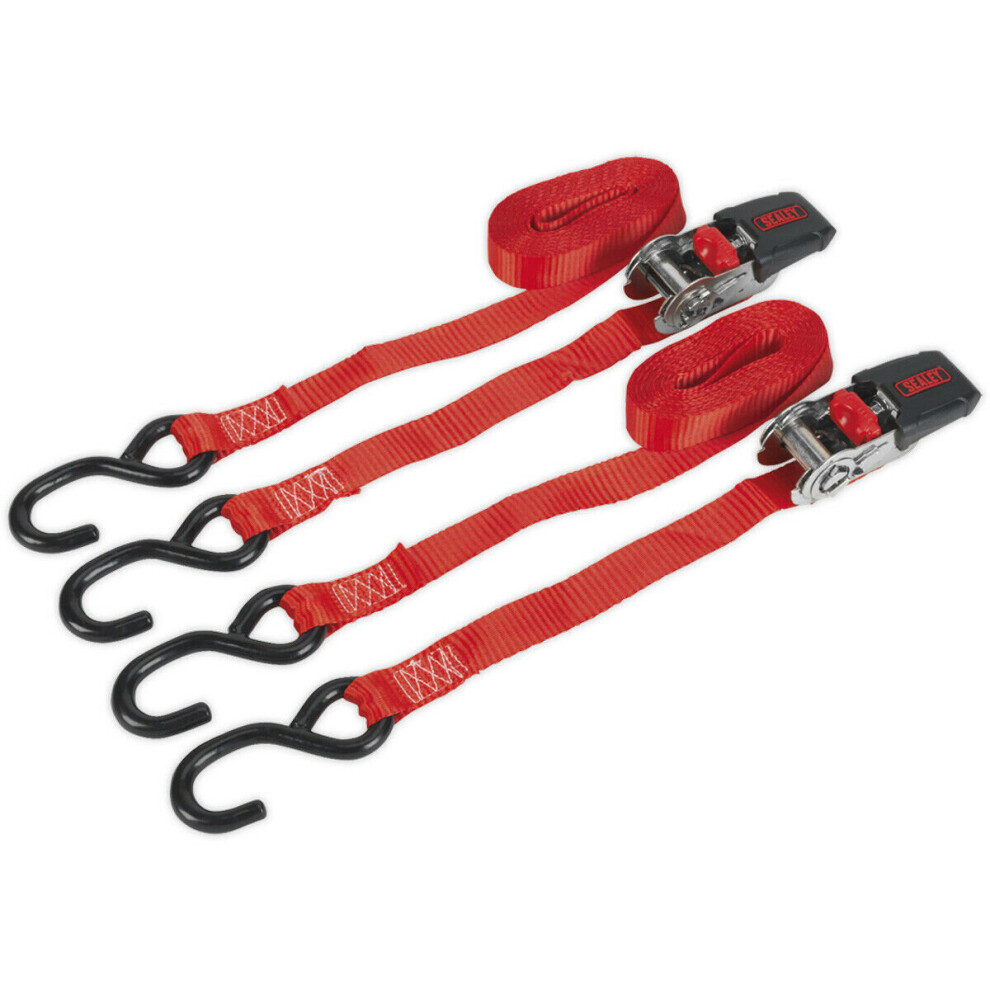 PAIR 25mm x 4m 800KG Slide Ratchet Tie Down Strap Set - Polyester Web & S-Hooks