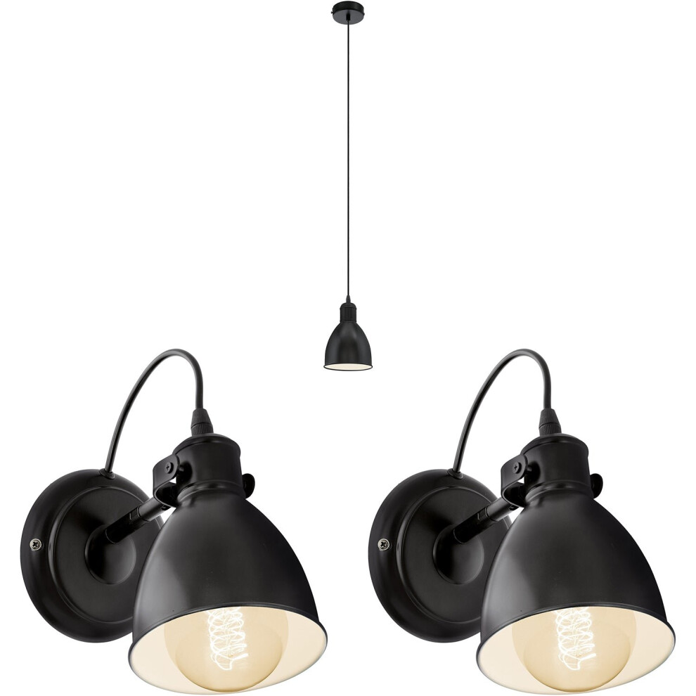 Loops Ceiling Pendant Light & 2X Matching Wall Lights Black Industrial Lamp Shade