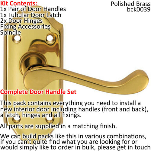 Loops Door Handle & Latch Pack Brass Victorian Scroll Short Lever Ornate Backplate 1