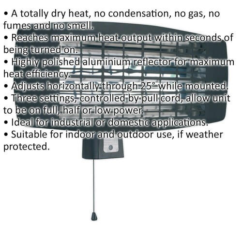 Loops 2000W Infrared Quartz Heater - Three Heat Settings - Wall Mounted - 230V 1