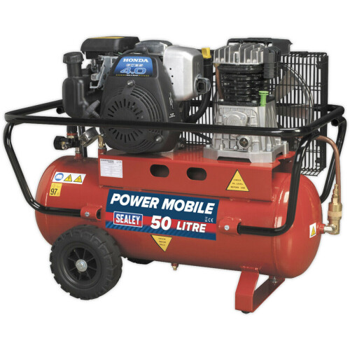 Loops 50 Litre Belt Drive Air Compressor - 4hp Petrol Engine - Twin Gauge & Air Outlet