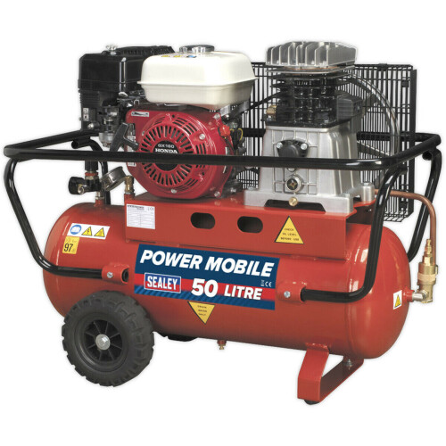 Loops 50L Belt Drive Air Compressor - 5.5hp Petrol Engine - Twin Gauge & Air Outlet