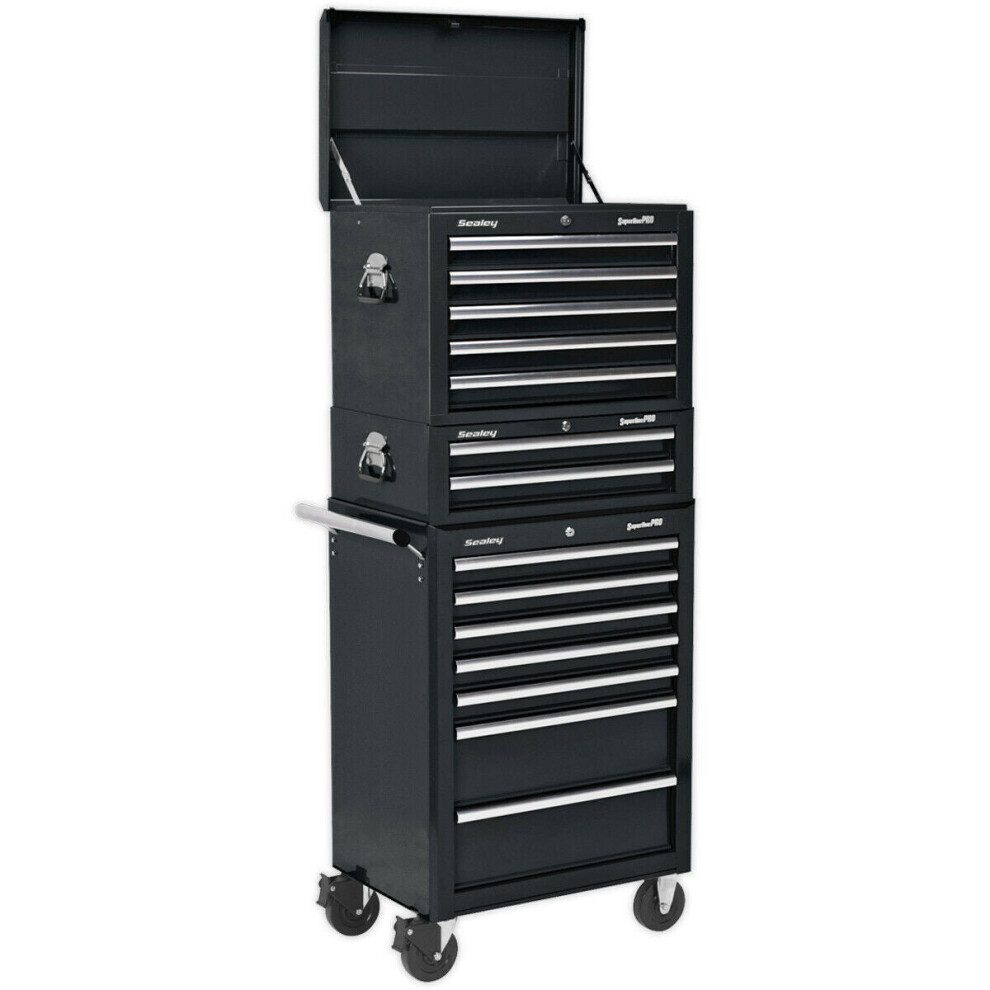 Stacking 14 Drawer Topchest Mid Box & Rollcab Bundle - Heavy Duty - Black