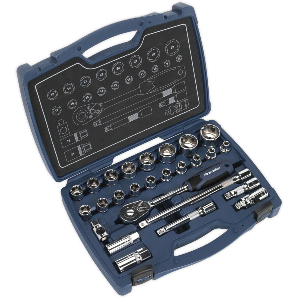 26pc PREMIUM Deep Socket & Ratchet Handle Set 1/2" Square Drive 6 Point Metric