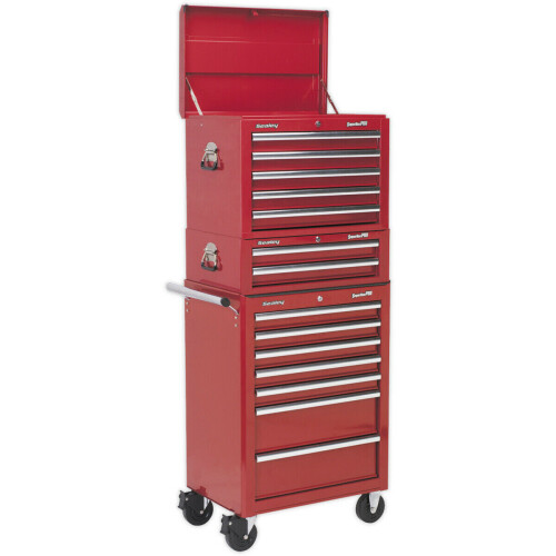 Loops Stacking 14 Drawer Topchest Mid Box & Rollcab Bundle - Heavy Duty - Red