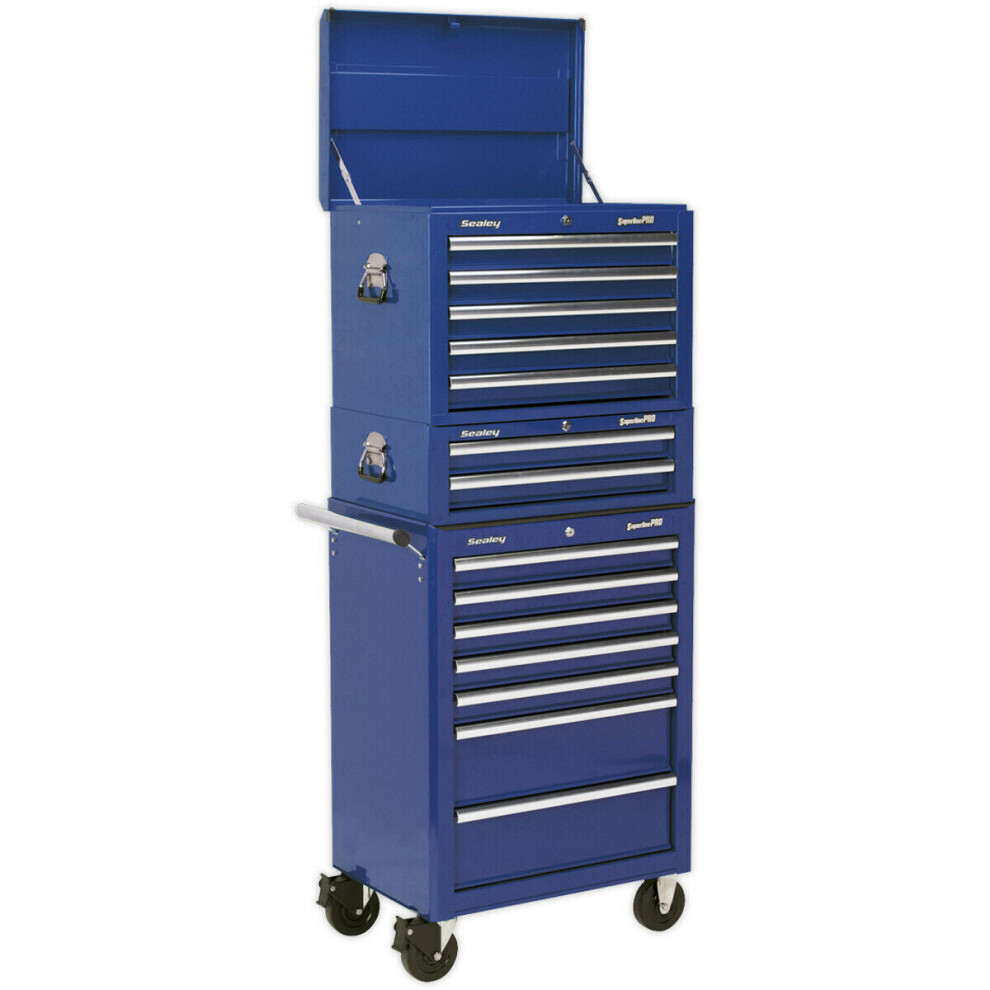 Stacking 14 Drawer Topchest Mid Box & Rollcab Bundle - Heavy Duty - Blue