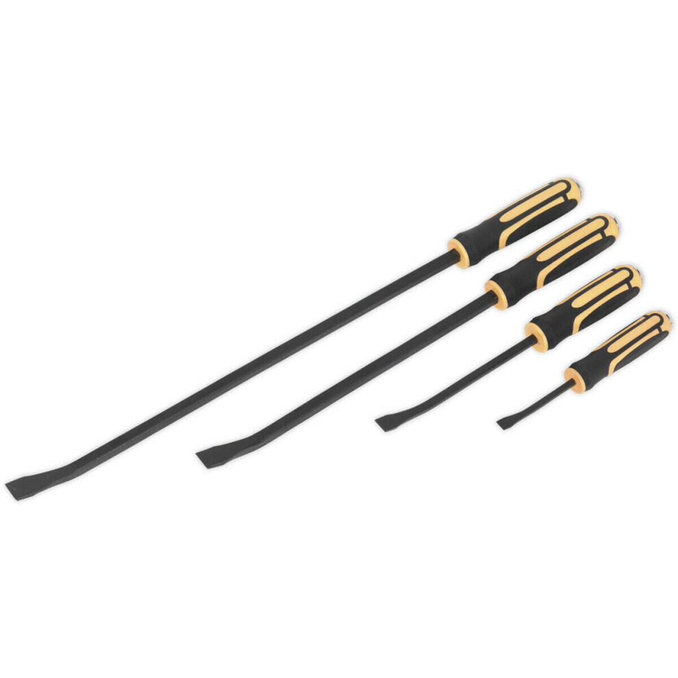 4 Piece Heavy Duty Angled Pry Bar Set - Hammer Caps - Hardened Steel - Soft Grip