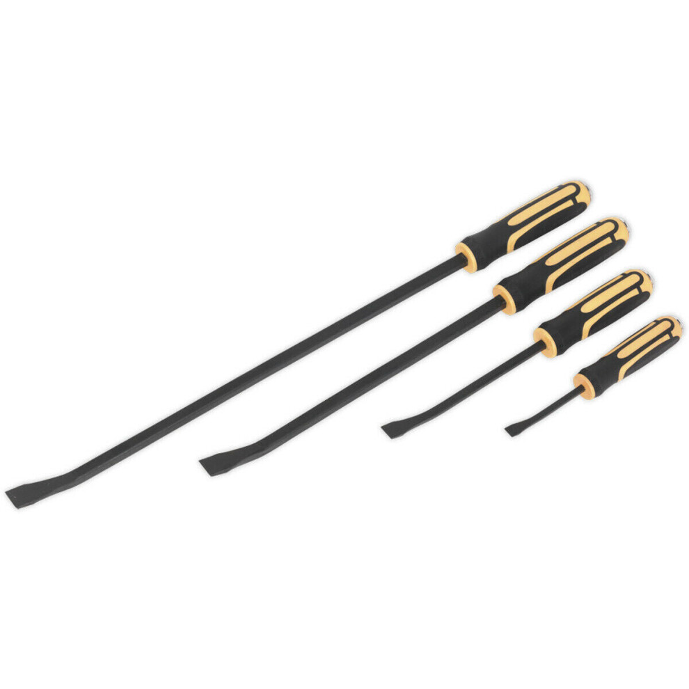 Loops 4 Piece Heavy Duty Angled Pry Bar Set - Hammer Caps - Hardened Steel - Soft Grip
