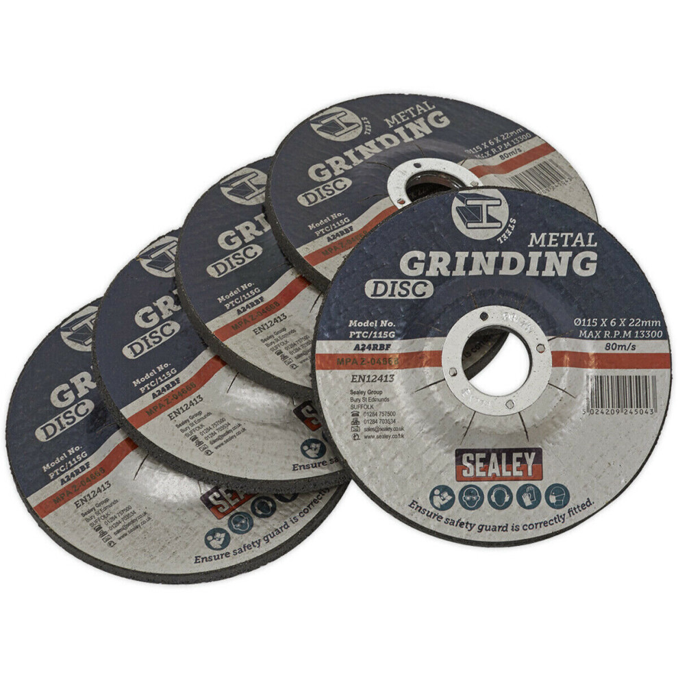 5 PACK Aluminium Oxide DPC Metal Grinding Disc - 115 x 6mm - 22mm Bore