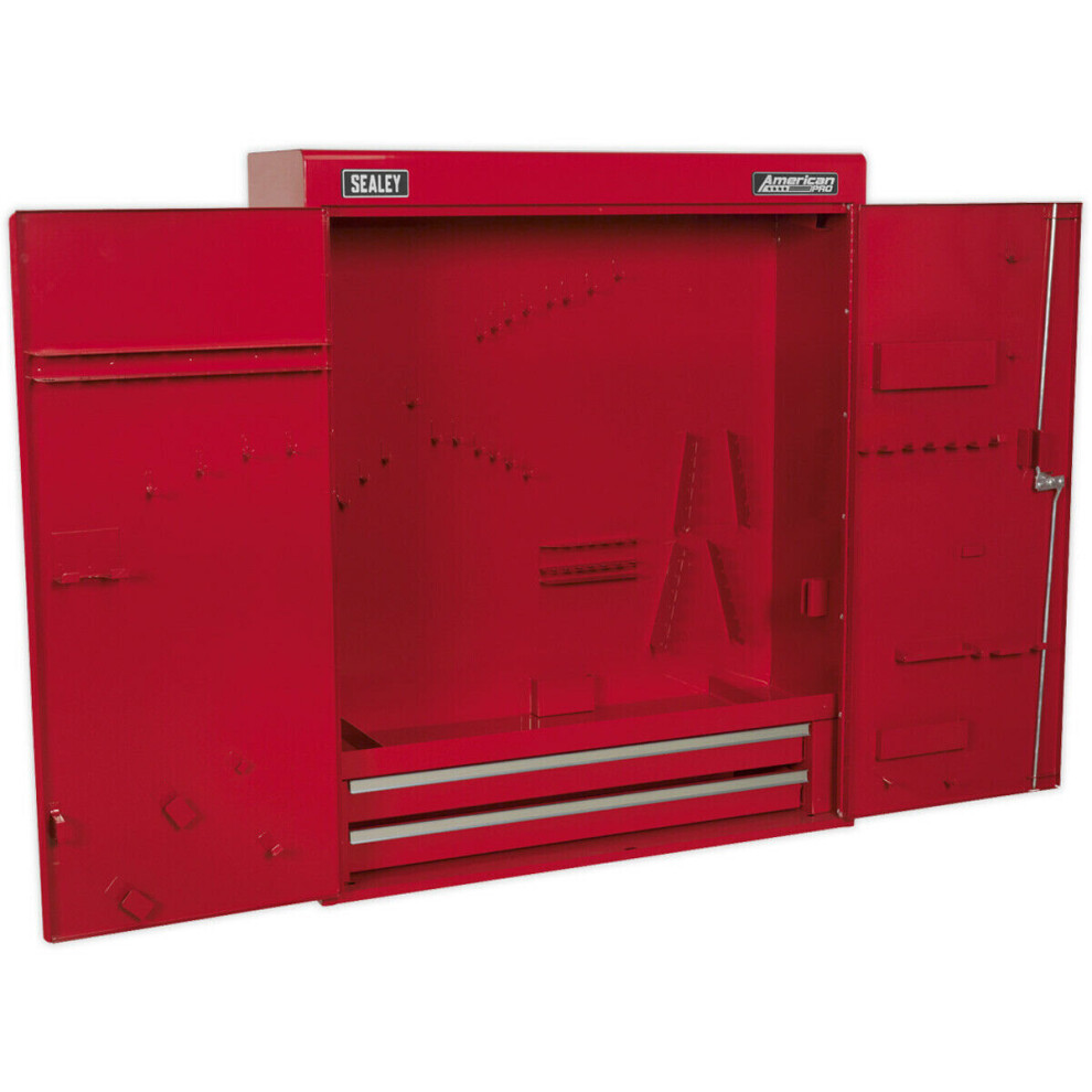 750 x 225 x 890 Wall Mounted 2 Drawer Tool Cabinet - RED - Lockable Storage Unit