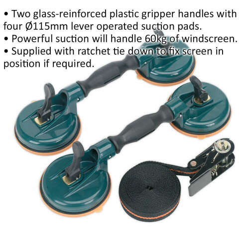 Loops 3 Piece Windscreen Handling Kit - 2 x Plastic Gripper Handles - Ratchet Tie Down 1