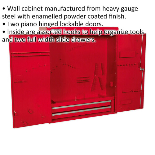 Loops 750 x 225 x 890 Wall Mounted 2 Drawer Tool Cabinet - RED - Lockable Storage Unit 1