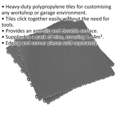 Loops 9 PACK Heavy Duty Floor Tile - PP Plastic - 400 x 400mm - Grey Treadplate 1