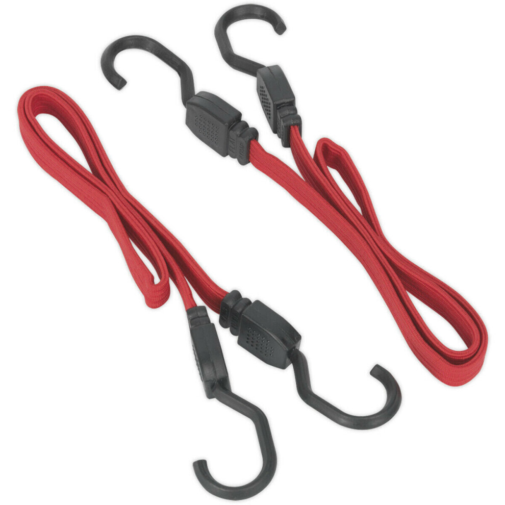 2 Piece 760mm Flat Bungee Cord Set - Heavy Duty Steel Hooks - 2000mm Stretch